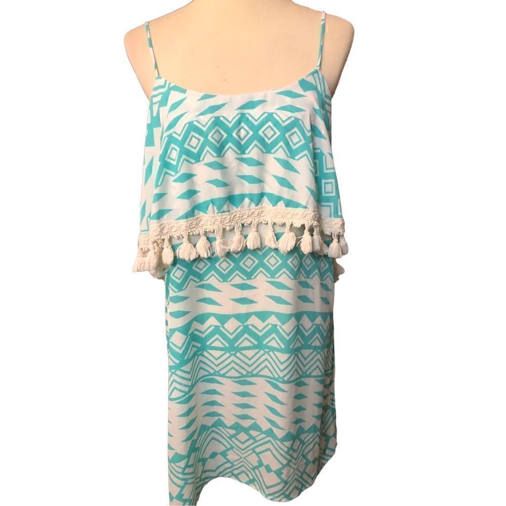 CL22 Aztec southwestern spaghetti strap sundress in turquoise and white, top wit